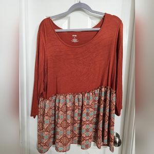 Evri Size 2X Copper Boho Print Mixed Fabric Empire Waist Top Blouse